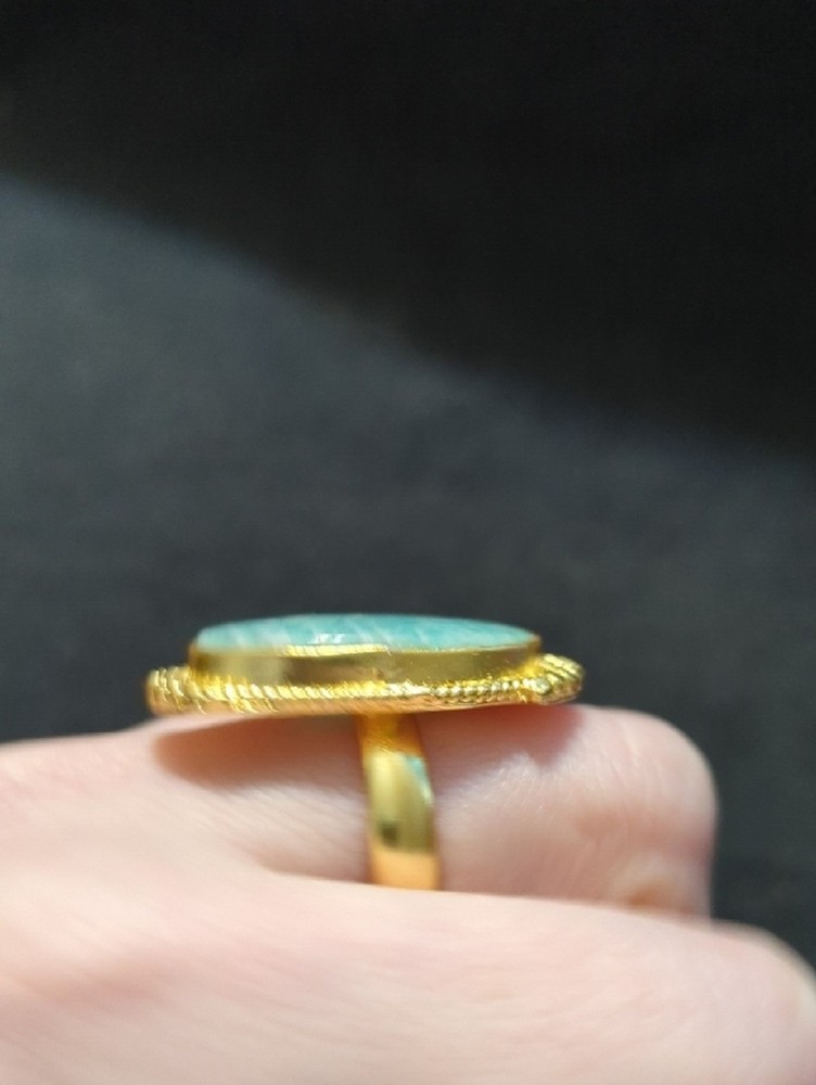 Gold Tone Blue Green Amazonite Gemstone Oval Statement Ring - Size 9