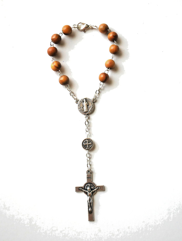 Saint Benedict Wood Beads Small Rosary / Car Rosary