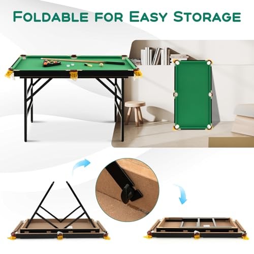 47" Folding Billiard Table, Pool Game Table Includes Balls, Black & Green