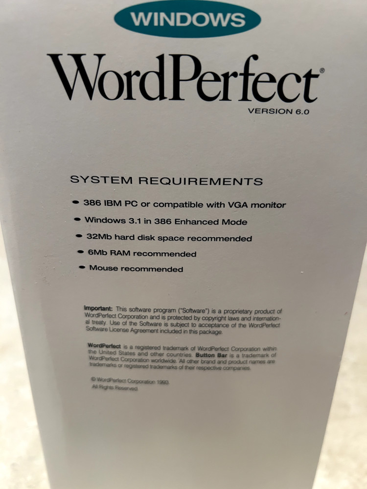 Windows WordPerfect Version 6.0 Word Processor Software, Draw 2.1, & ref chart