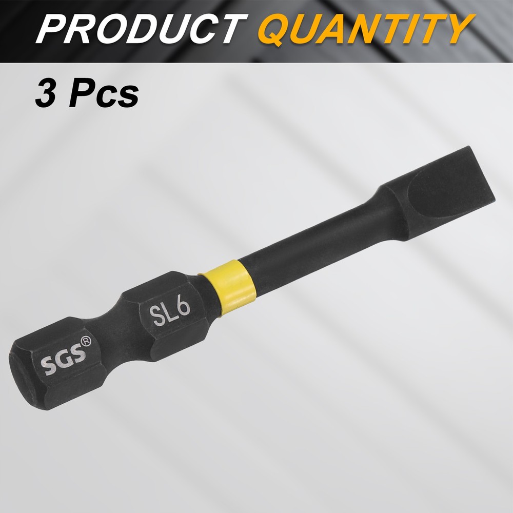 3Pcs SL6 Slotted Impact Screwdriver Bits 1/4" Hex Shank 2" Magnetic Flat Bit