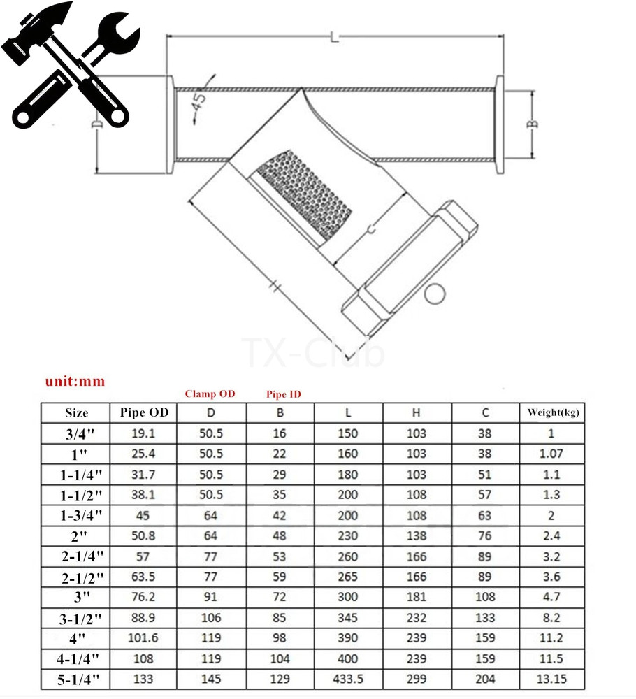 SS304 1-1/2" Sanitary Inline Y Strainer 100 Mesh Pipe Filter