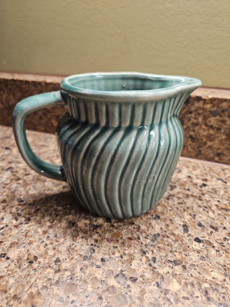Ceramic Green Small Pitcher with handle Pottery Swirls