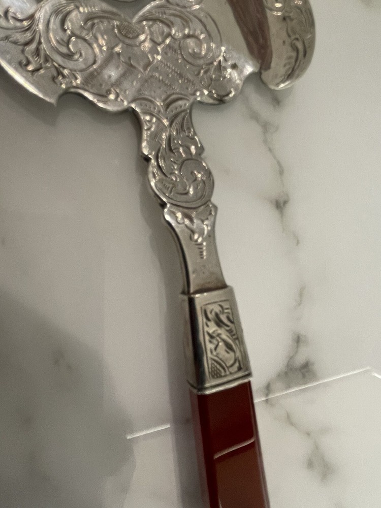 Huge Engraved Cut Work Fish Server Agate Handle Dutch Silver 1859
