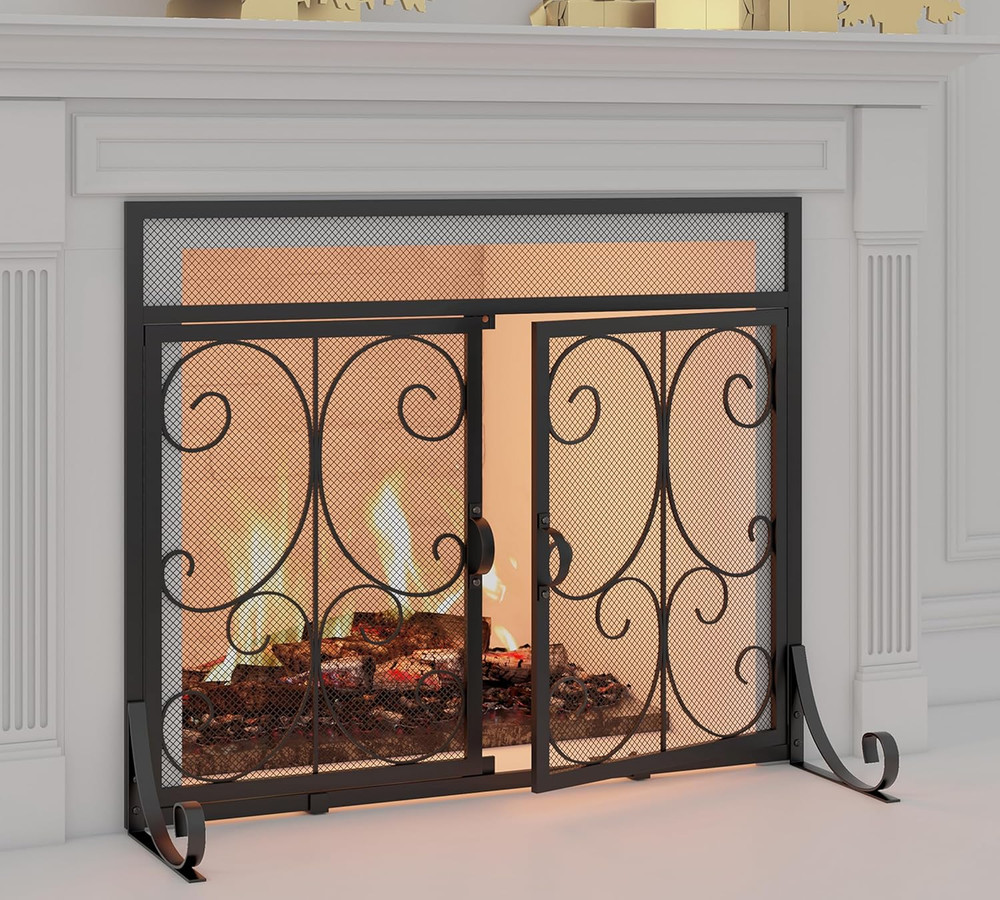 Flat Fireplace Screen with Doors, Wrought Iron Frame with Metal Mesh, Flat Panel