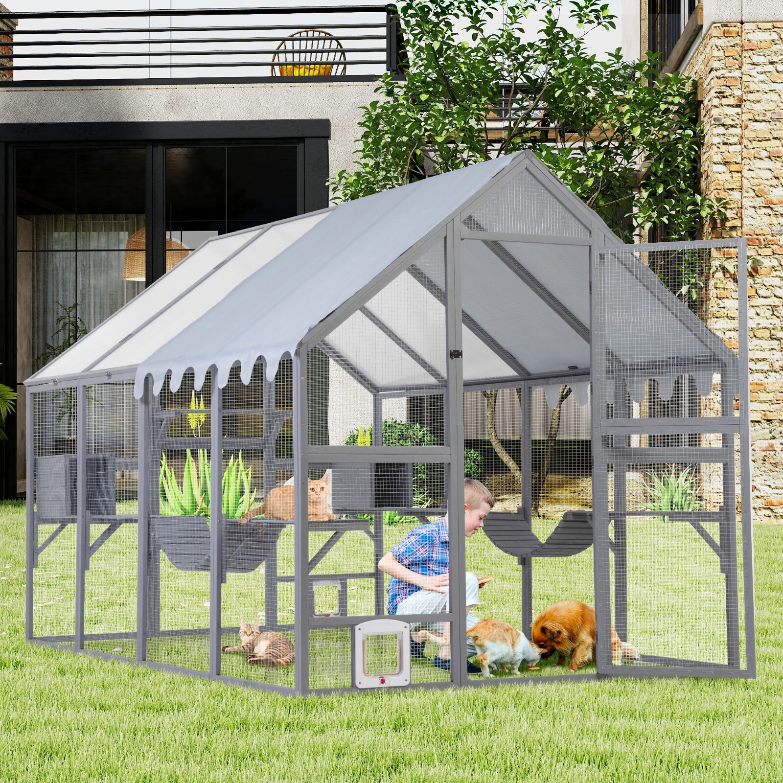 COZIWOW 108" Outdoor Large Cat Enclosure Wooden Cat Catio Outside Window Access