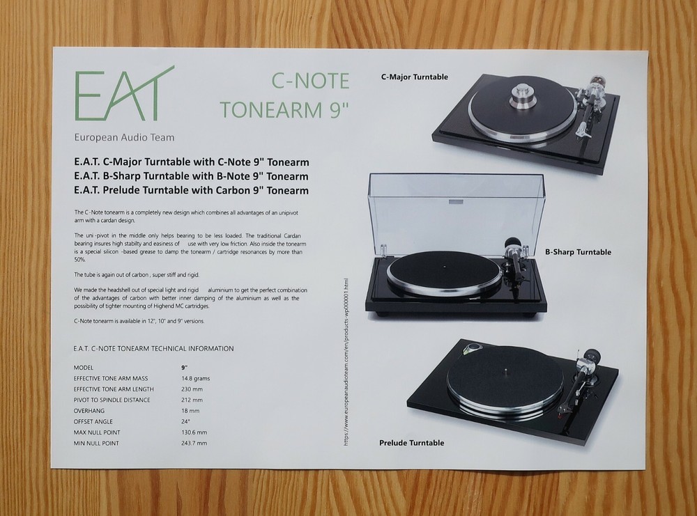 E.A.T. C-Major/B-Sharp/Prelude/C-Note 9" Tonearm Cartridge Alignment Protractor