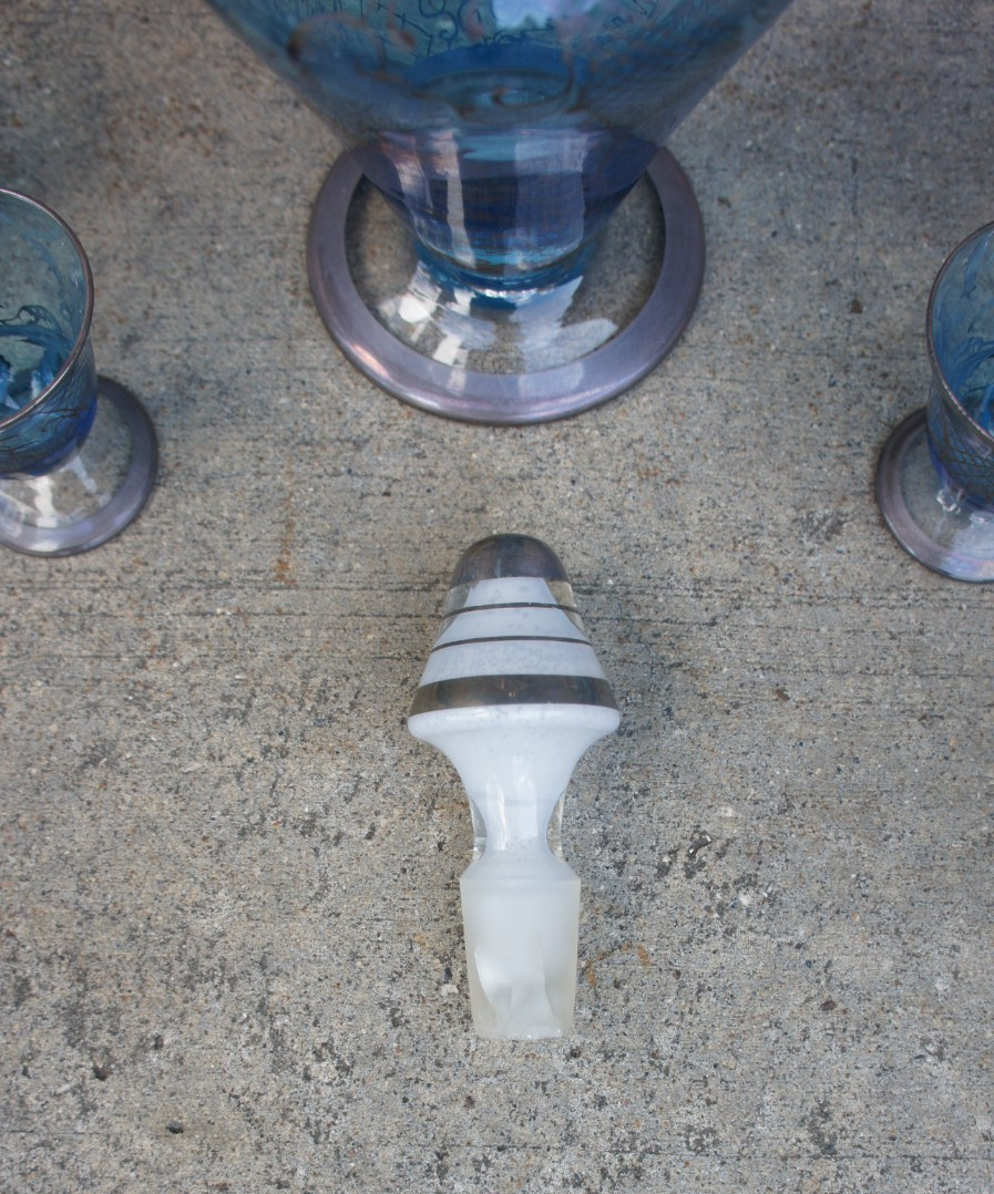 Vintage Venetian Murano Glass Decanter & Six Cordial Glasses Blue Silver Overlay