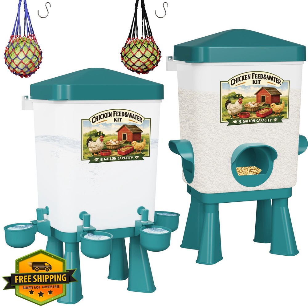 3 Gal Chicken Feeder Waterer, Auto Poultry System, Hanging, No Waste