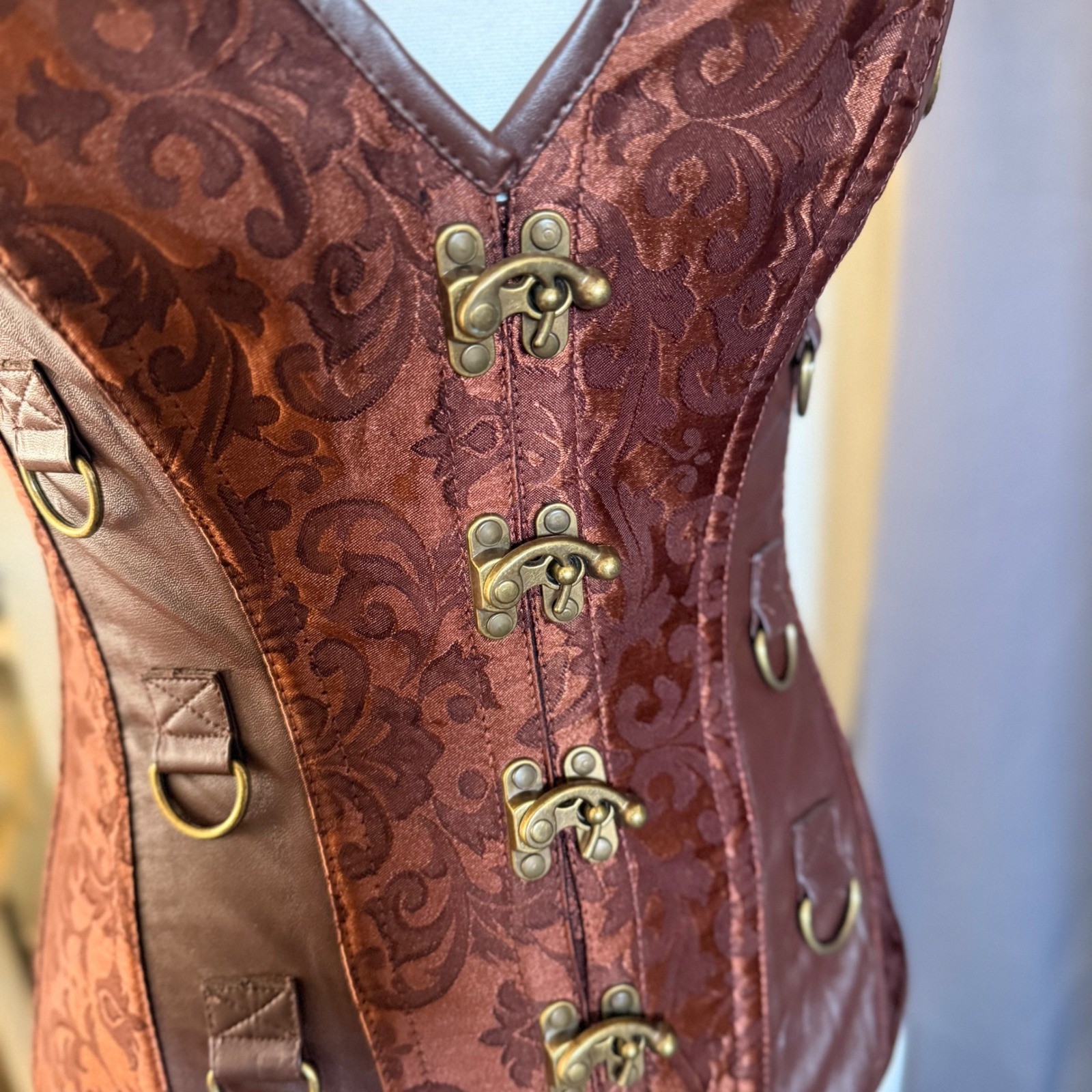 Steampunk Corset Brown Damask Faux Leather Hook Eye Small