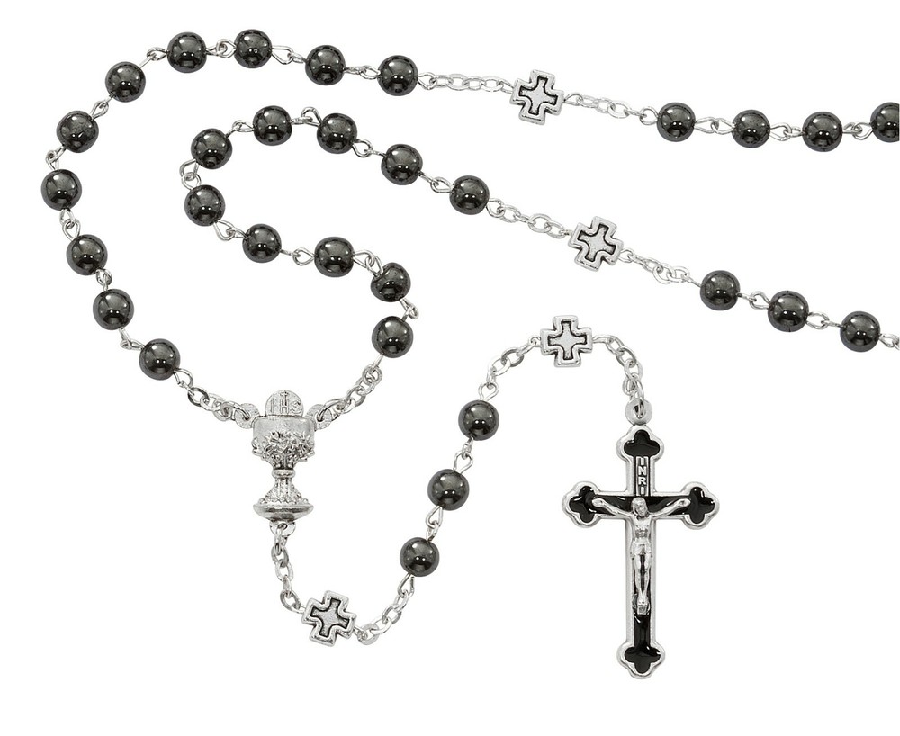 Hematite Boys Rosary First Communion Gift Silver OX Enameled Crucifix Center New