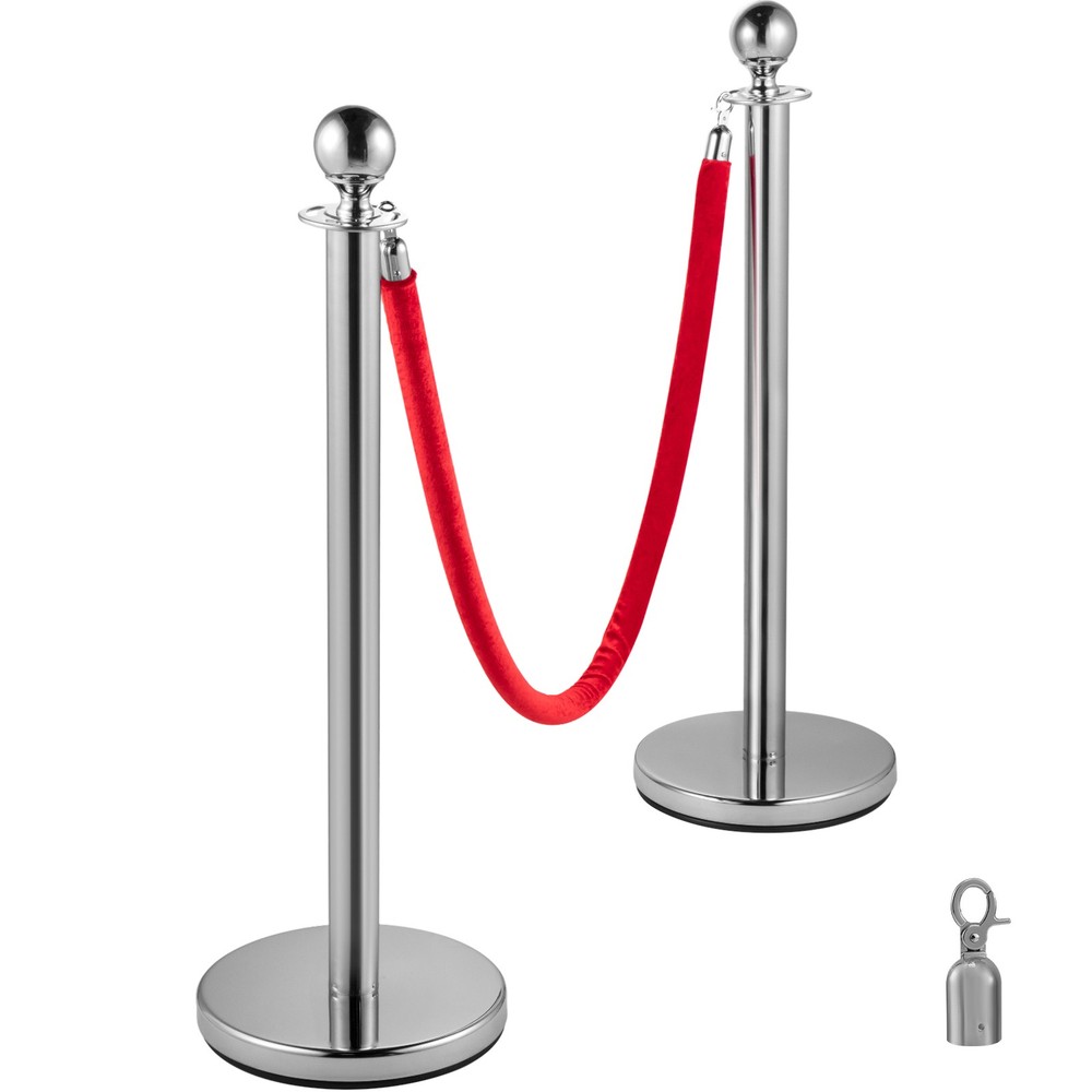 4PCS Stanchion Posts Silver Queue Pole with 3 Velvet Ropes Crowd Control Barrier
