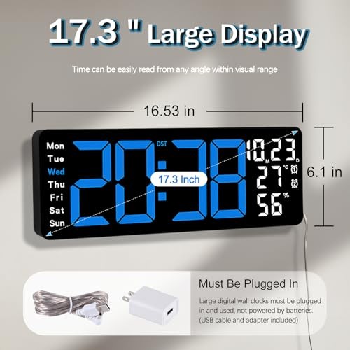 17.3" Large Digital Wall Clock, LED Digital Clock Large Display 17.3 Inch Blue