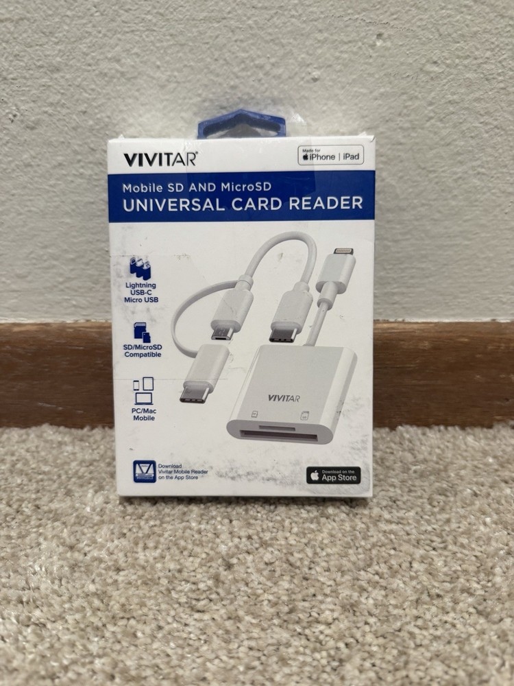 Vivitar Apple MFI/Android Mobile MicroSD Card Reader White New Damaged Box