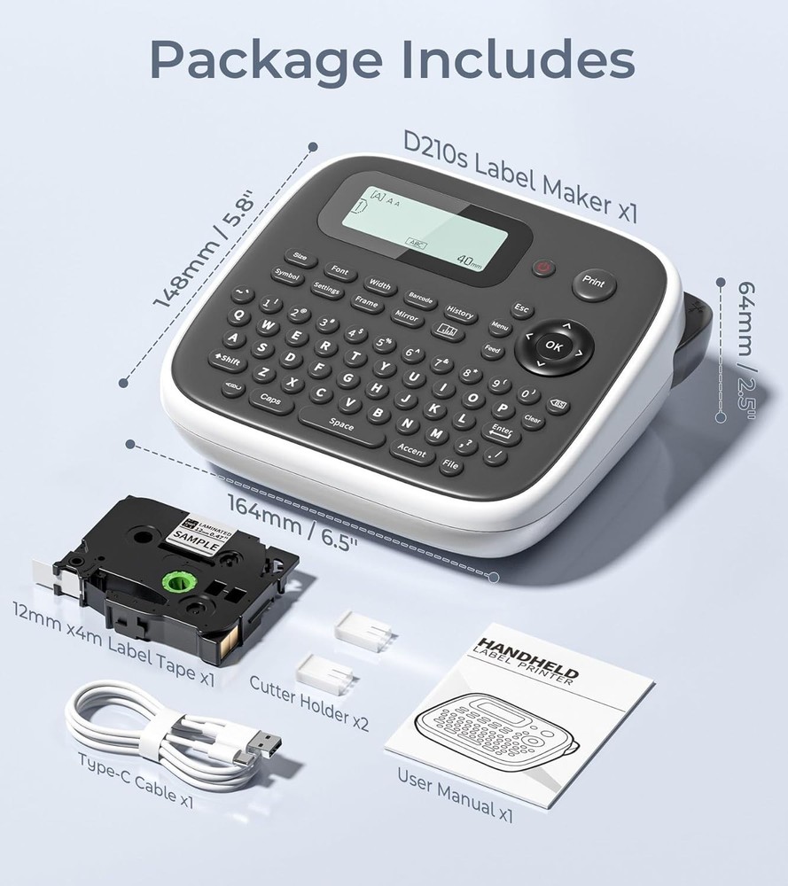 Versatile Label Maker Machine with Tape: Durable Waterproof Labels, 12mm - D210s