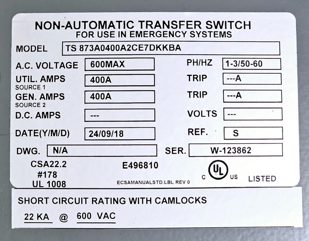 NEW - Thomson Power 400A Manual Transfer Switch TS 873A0400A2CE7DKKBA