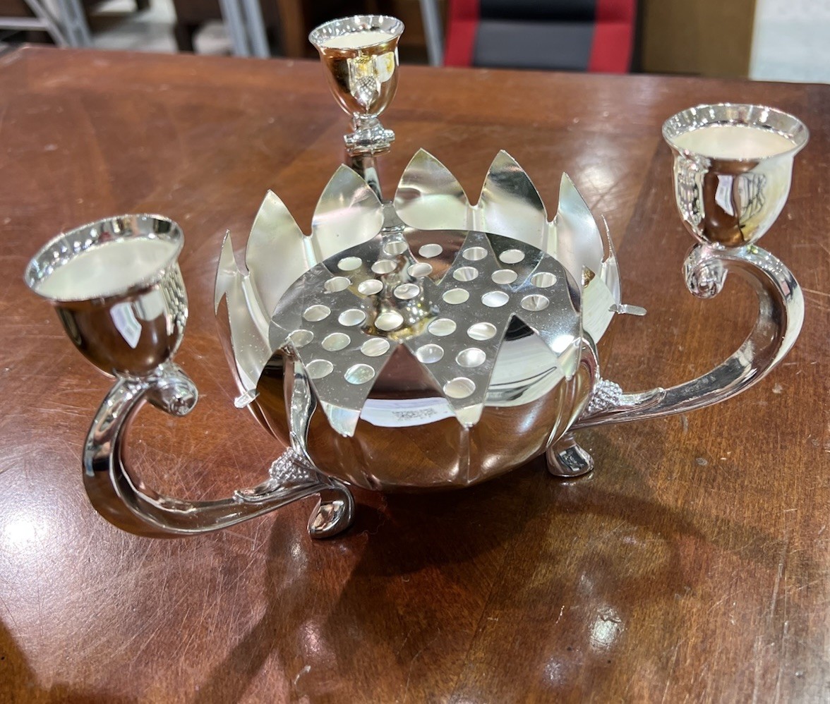 Silver Plate Lotus Flower Frog Centerpiece 3-Arm Candle Holder – Made in China