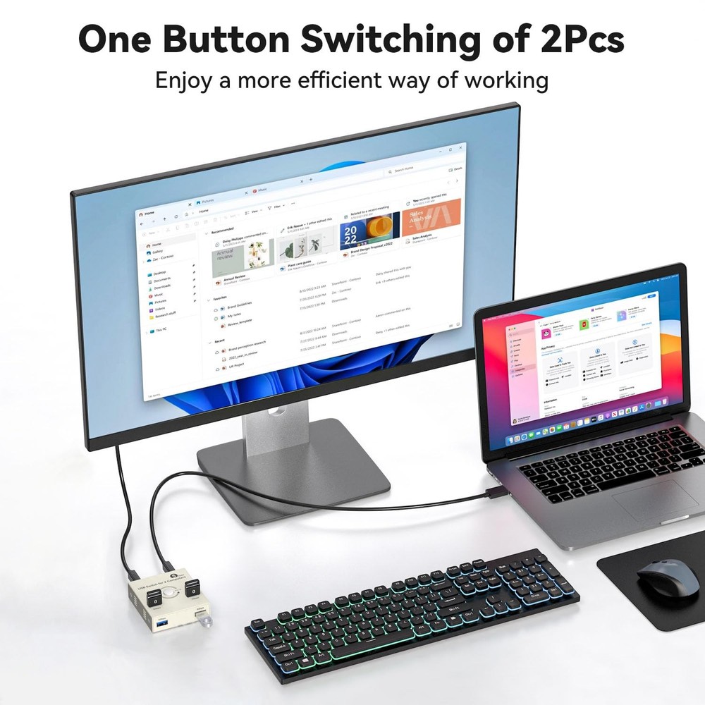 USB 3.0 Switch 2 Computers Share 4 Ports KVM Selector Hub for Mouse Printer