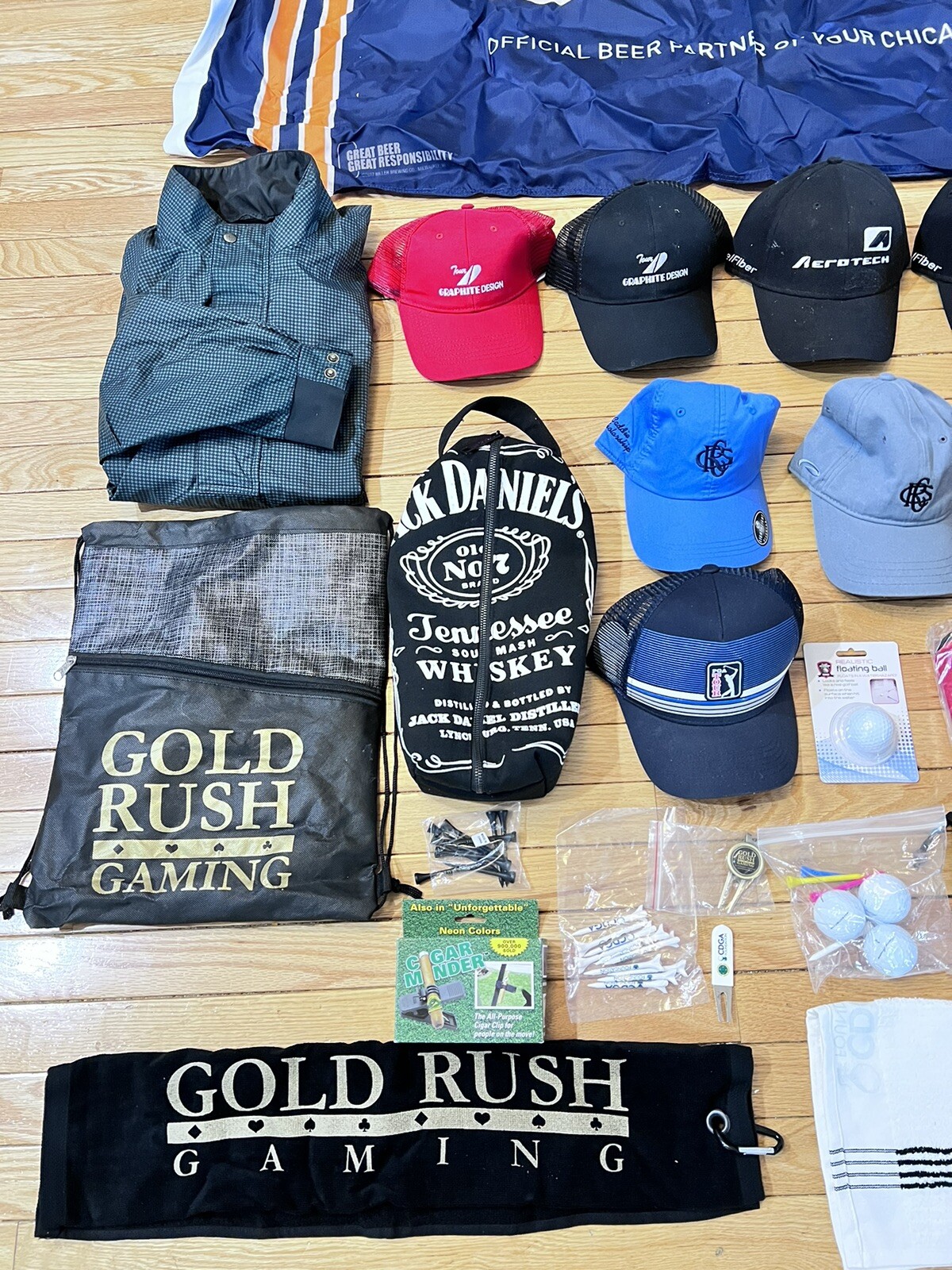 *Lot Of Golf Accessories, FJ Rain Pullover, Hats, Backpacks, Shoe Bag Towels Etc