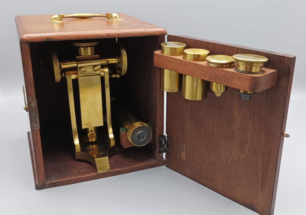 A FINE COMPOUND MICROSCOPE by Pillischer ¾ 19th