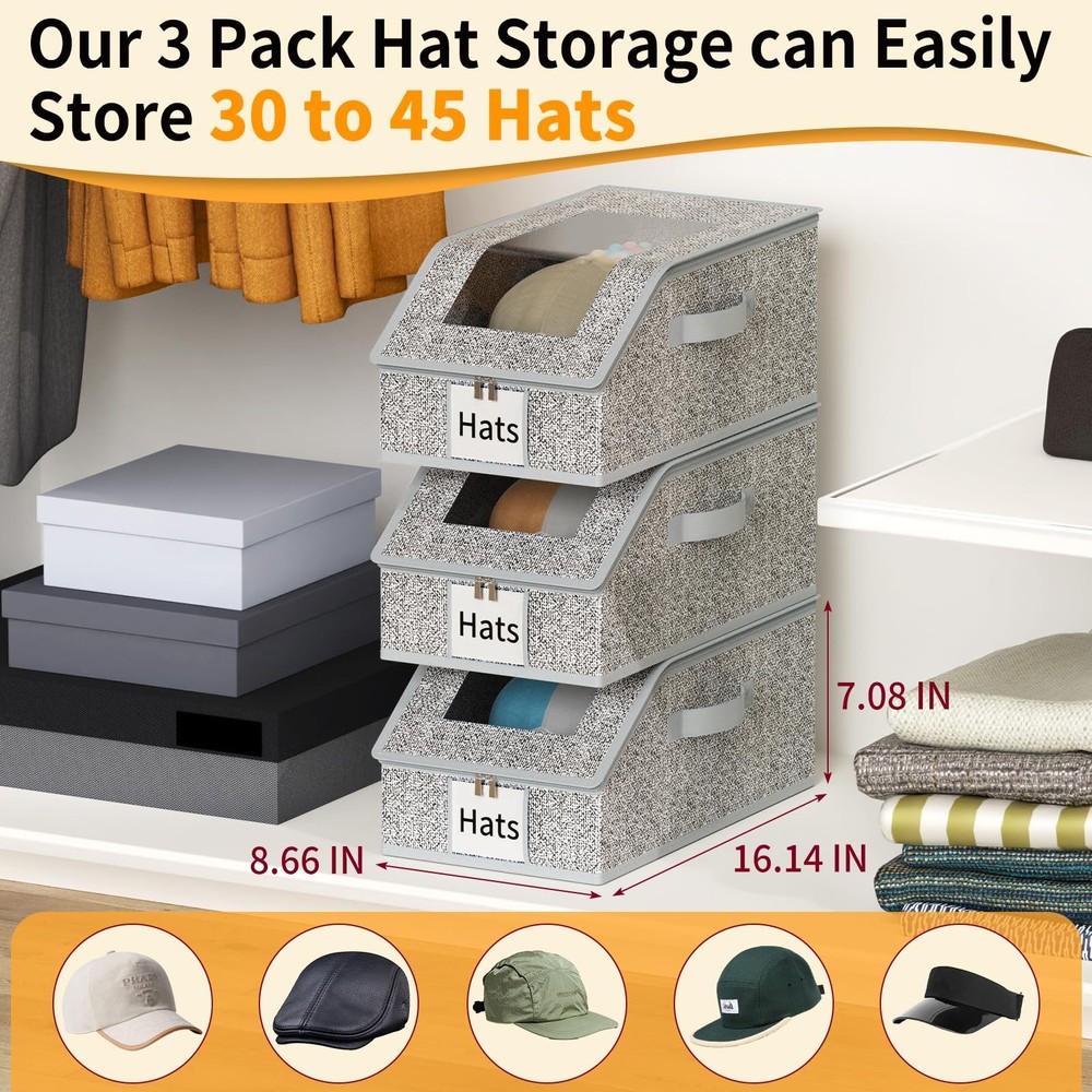 3 Pack Stackable Hat Organizer for Baseball Caps, Hat Storage with Clear Wind