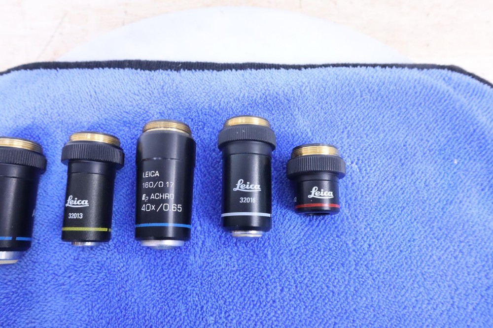 x5 Used Leica Achro Microscope Objectives #32016 32012 32015 32013 & E2 Germany
