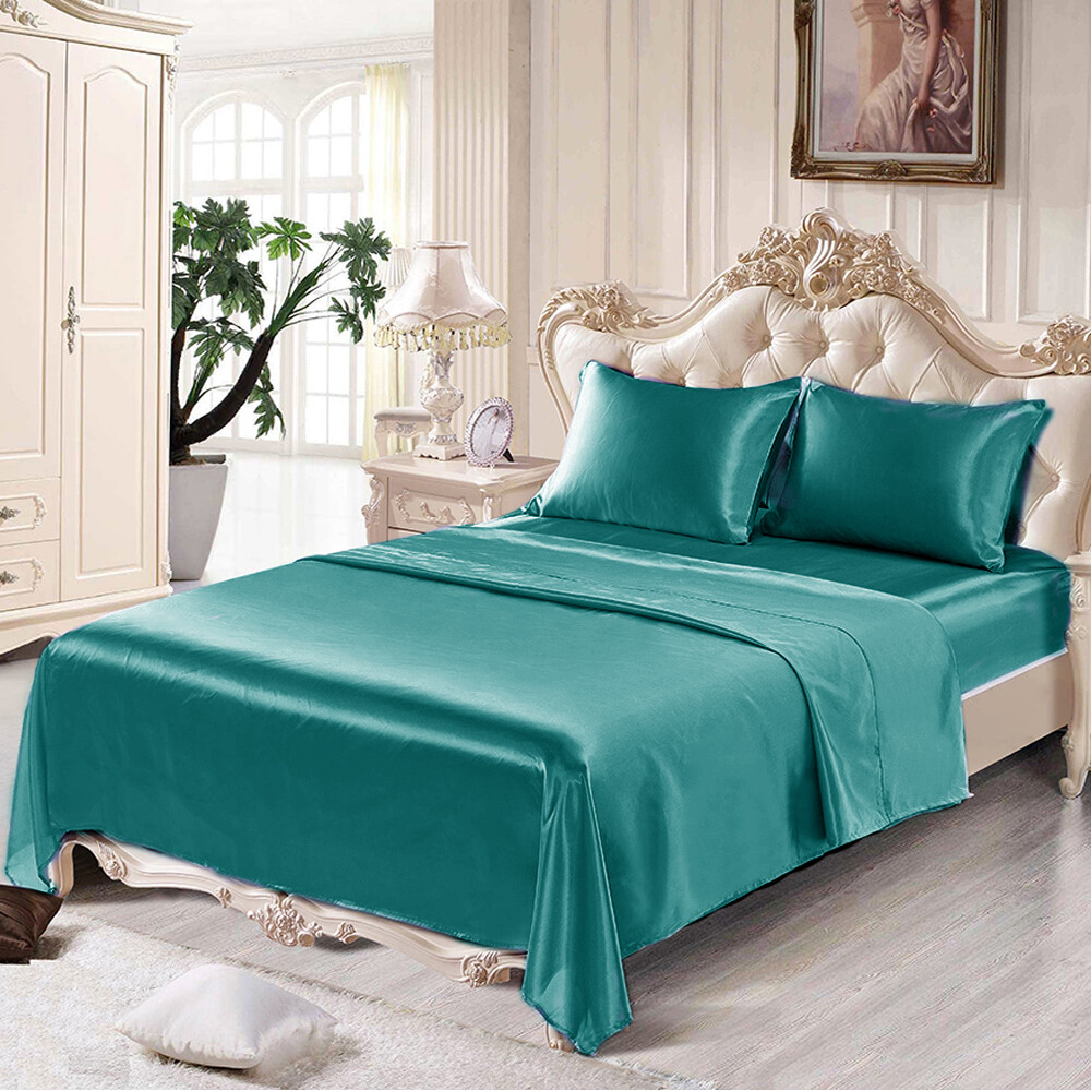 4 Pcs Smooth Satin Silk Sheet Set Deep Pocket Bed Sheet Wrinkle Fade Resistant