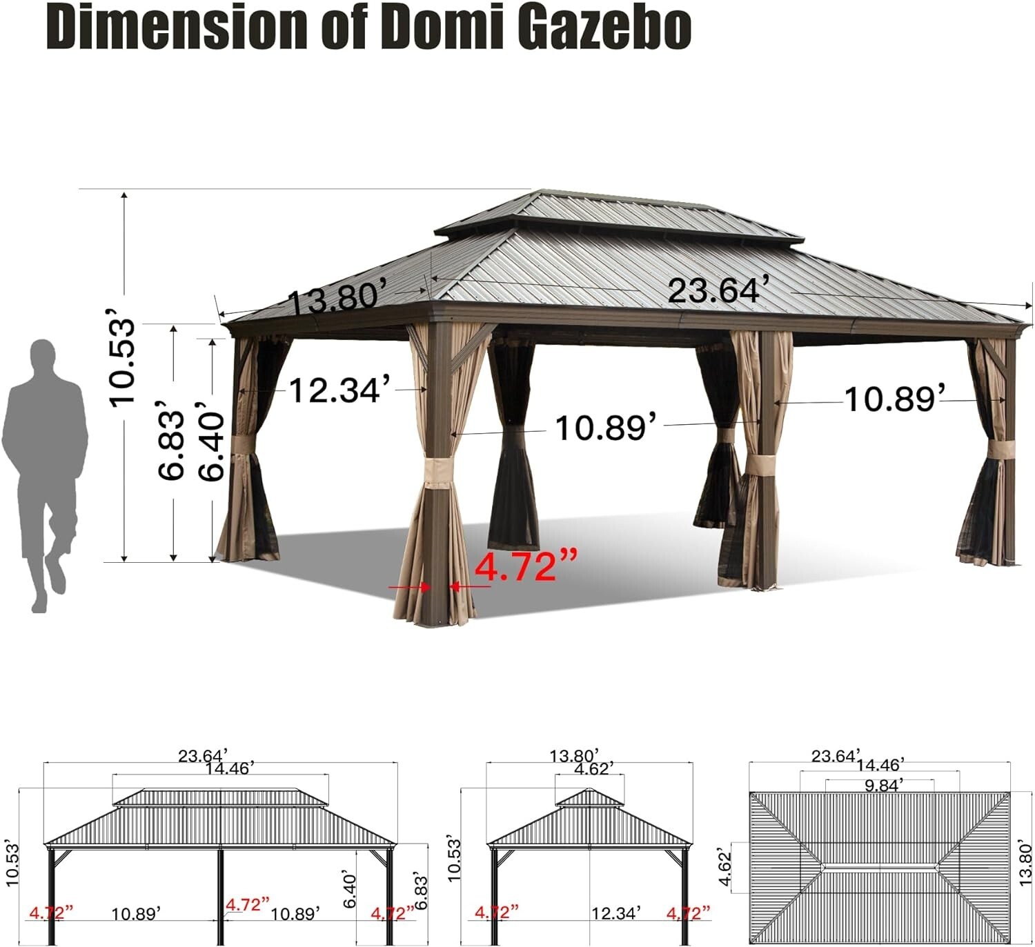 14' x 24' Outdoor Hardtop Gazebo Aluminum Brown Frame w/Sidewalls Double Roof