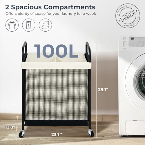 Laundry Hamper 2 Section, 100L Rolling Laundry Sorter Cart 2-Section Beige