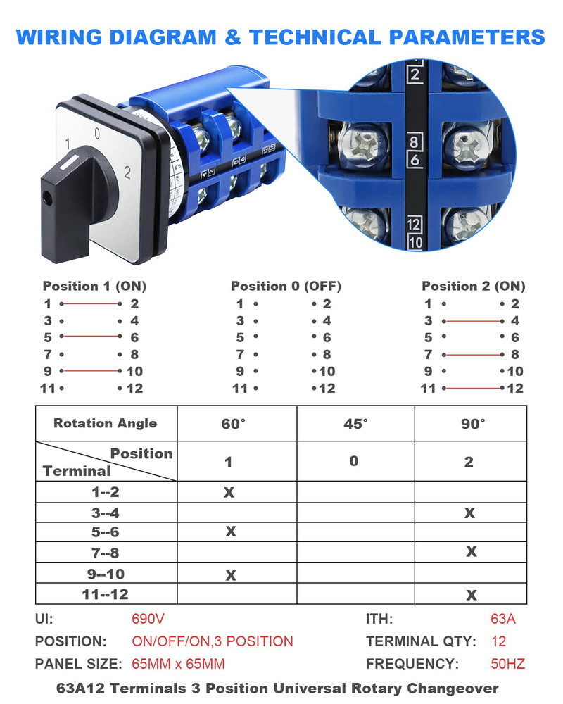 Changeover Selection Switch,Multi-Transfer Switch AC 660V 63A 3 Positions 12 Ter