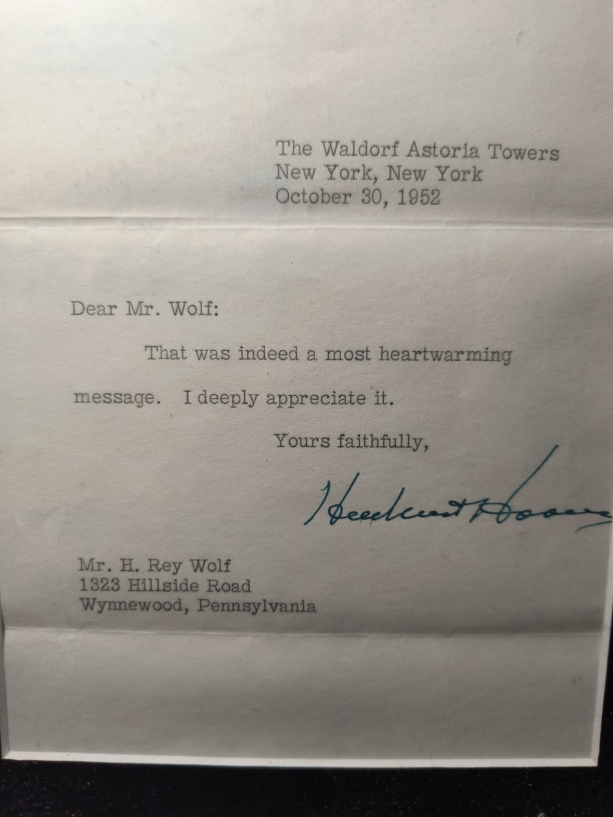 HERBERT HOOVER LETTER From 10/30/1952, PSA/DNA, Envelope, Matted & Framed