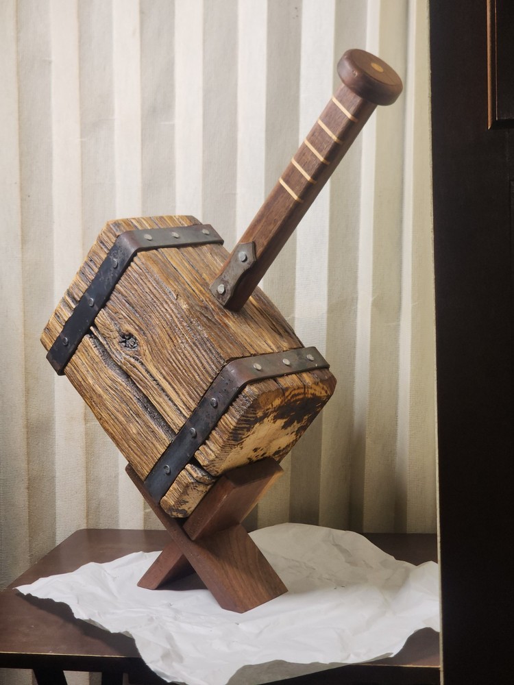 Thor's Hammer, Medieval Viking Solid Oak Head Walnut Handle With Display Stand