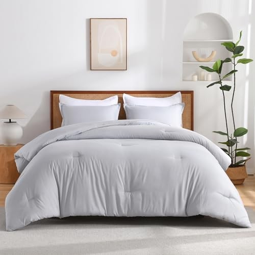 Queen Comforter Set, Boho Solid Reversible Bedding Queen (90"x90") Silver Grey