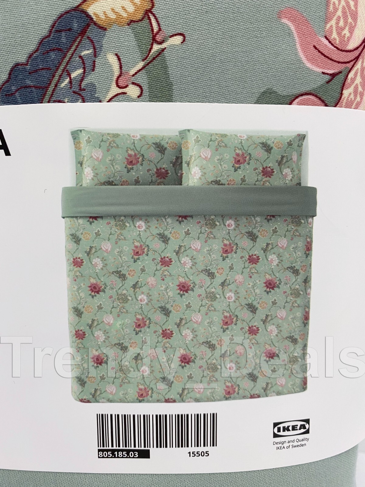 Ikea NASSELKLOCKA King Duvet Cover w/2 Pillowcases Bed Set Green/Floral - NEW