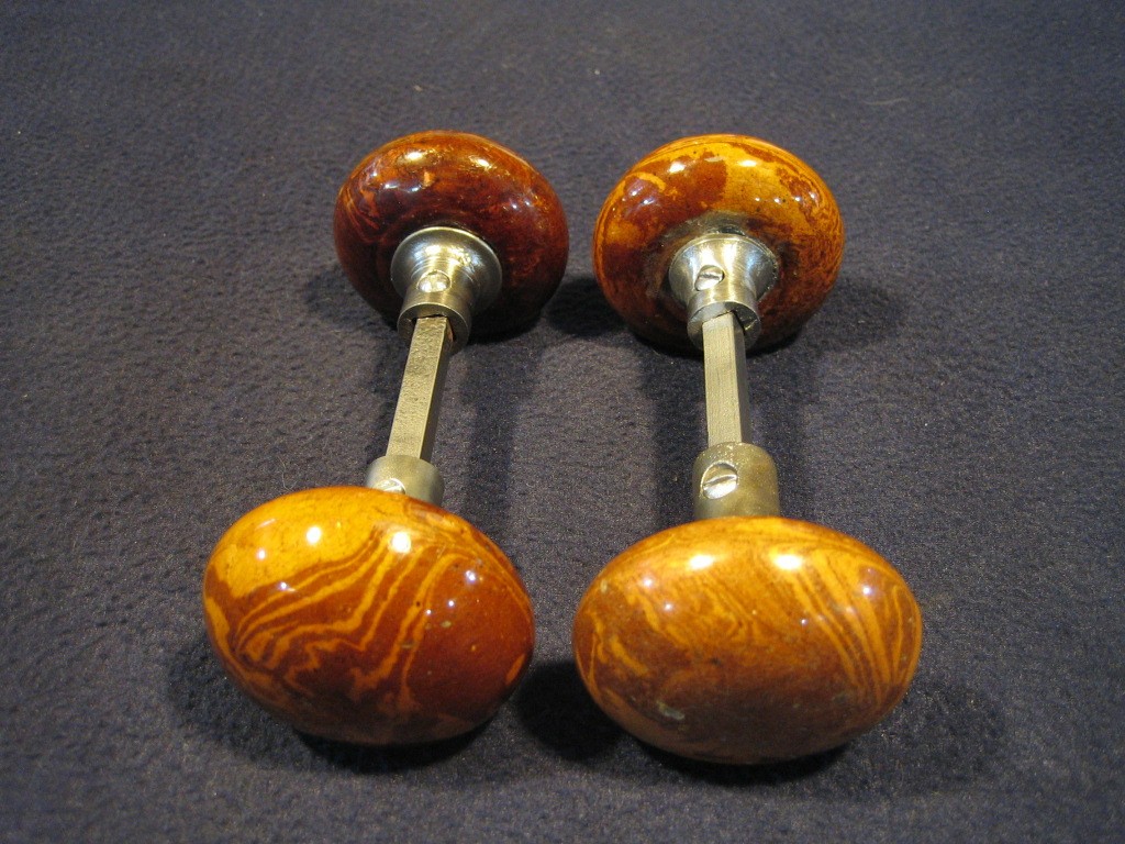 Pair Antique Brown Marble Swirl Tiger Eye Bennington Porcelain Door Knobs 1890's