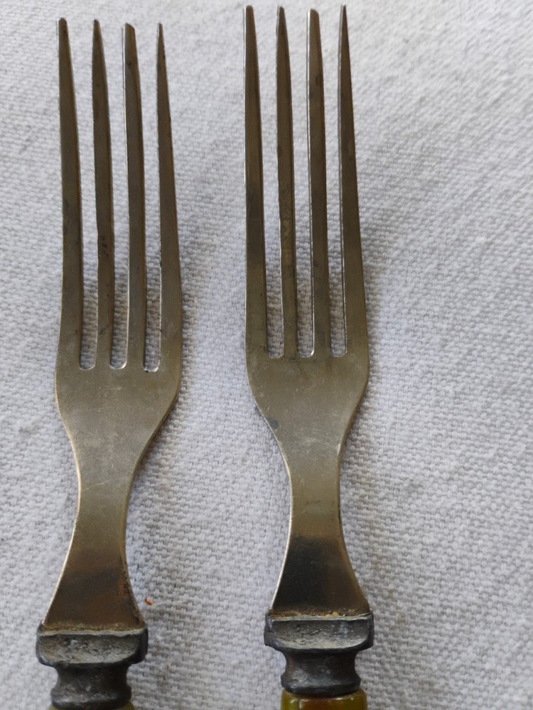 2 Vtg Green Bakelite Handled Dinner Forks Flatware