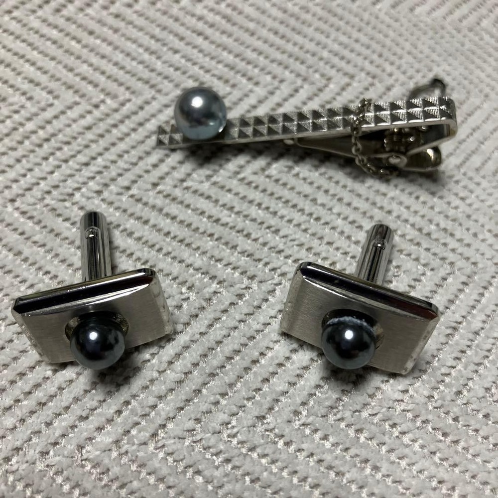 Silver Tie Pin Cufflinks Button Set -USED-JP NO BOX