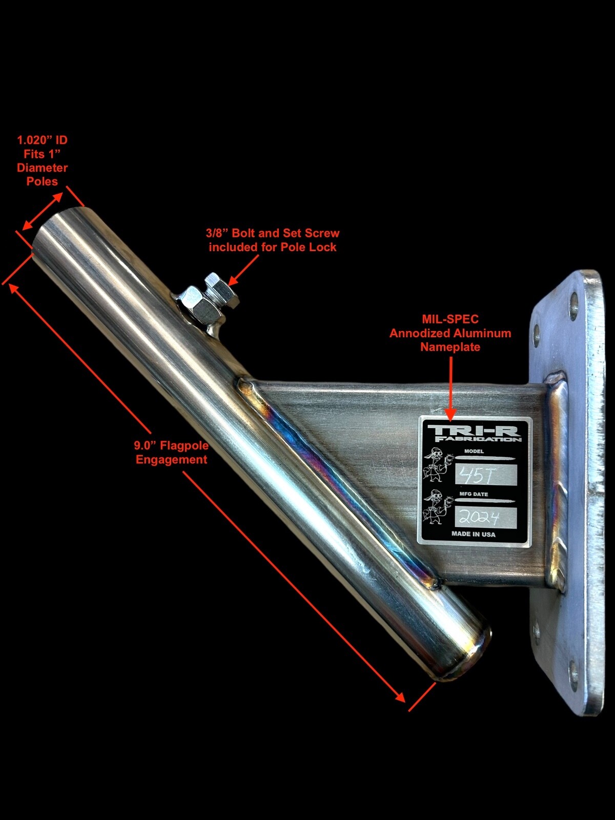 Heavy Duty STAINLESS 45 Deg Flag pole mount Residential Commercial MADE IN USA