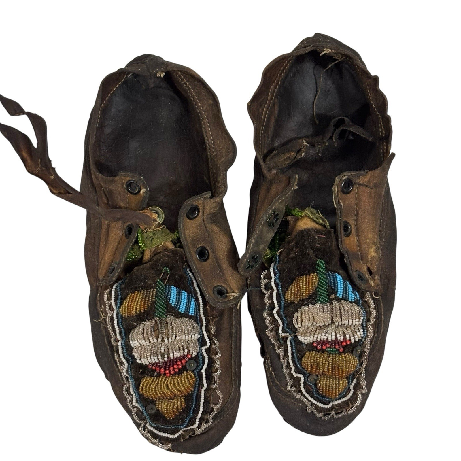Old Antique Plains Native American Indian Beaded Moccasins Decorated Hide Shoes