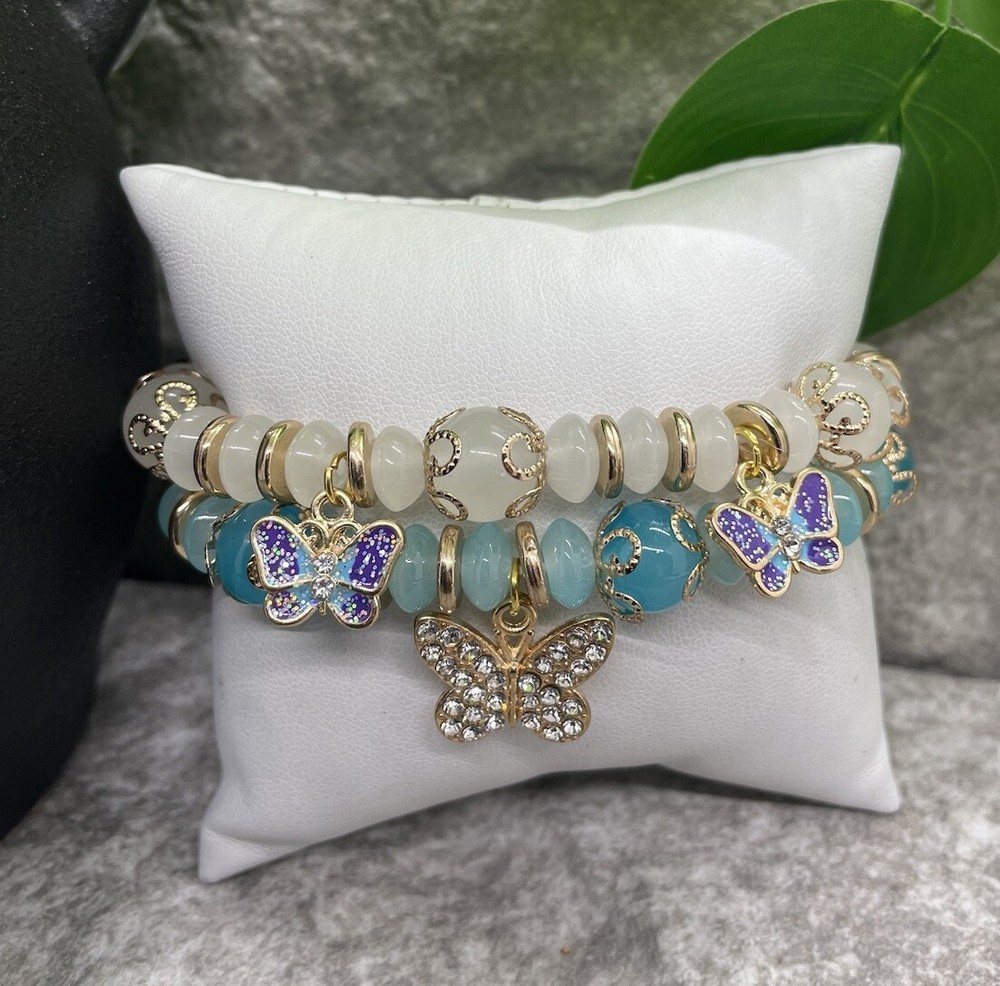 2 PC Handmade Boho Beaded Stackable 6.5” Plus Stretch Bracelet Set New B1183