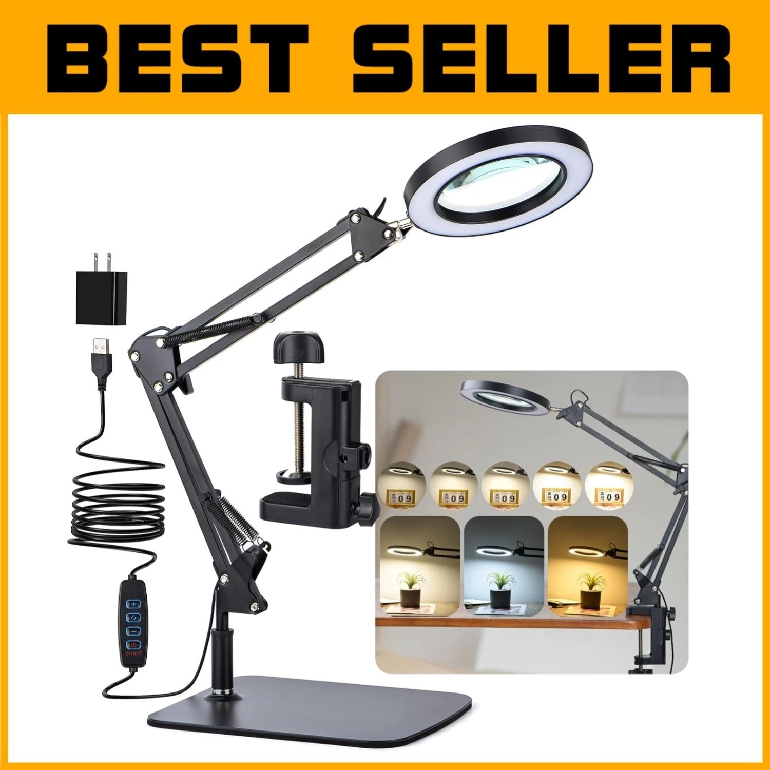 5-Diopter Glass Lens Magnifying Lamp, Adjustable Arm-