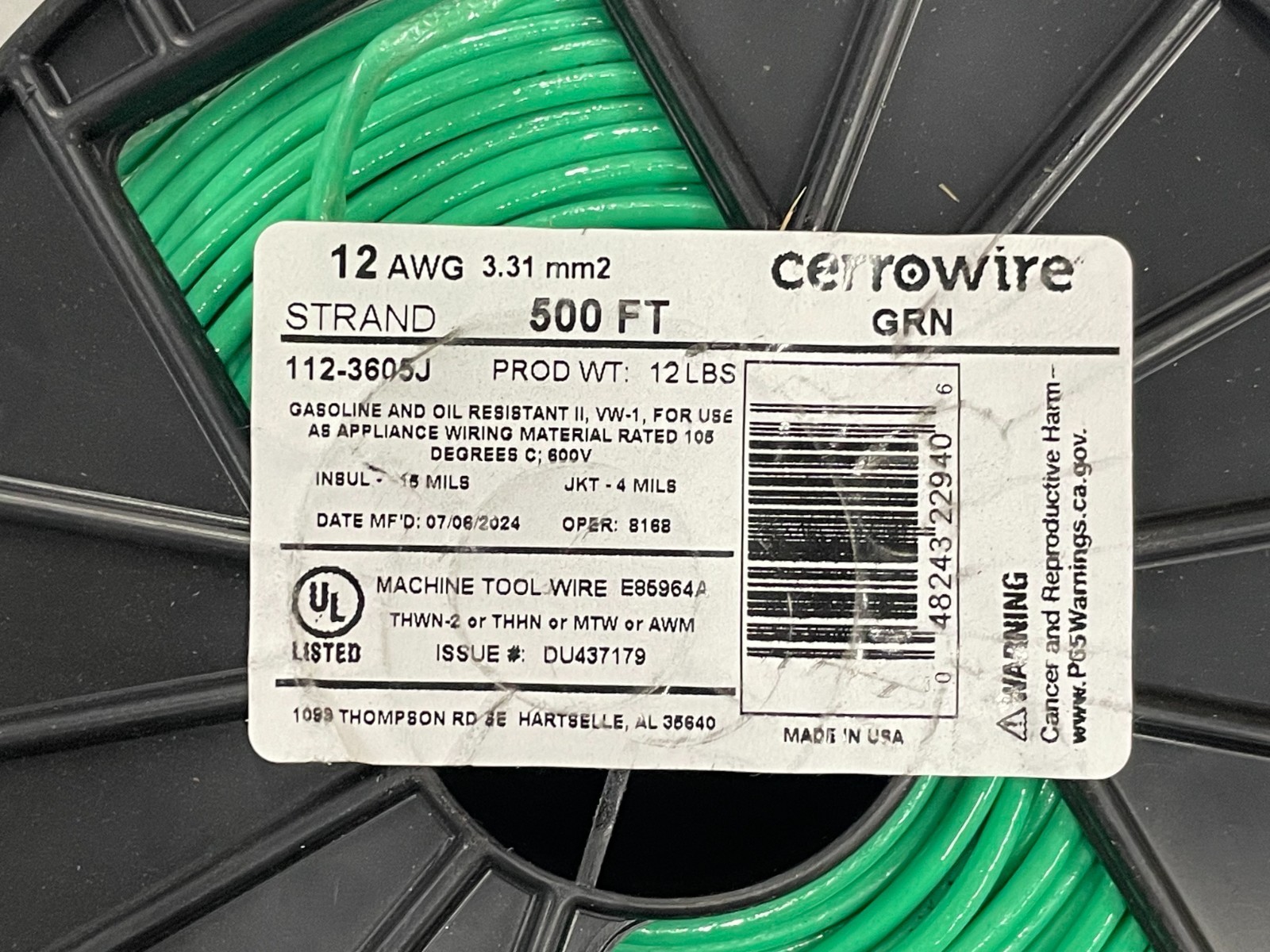 500 ft. 12 AWG GREEN Stranded 12 Gauge 12 AWG THHN Wire