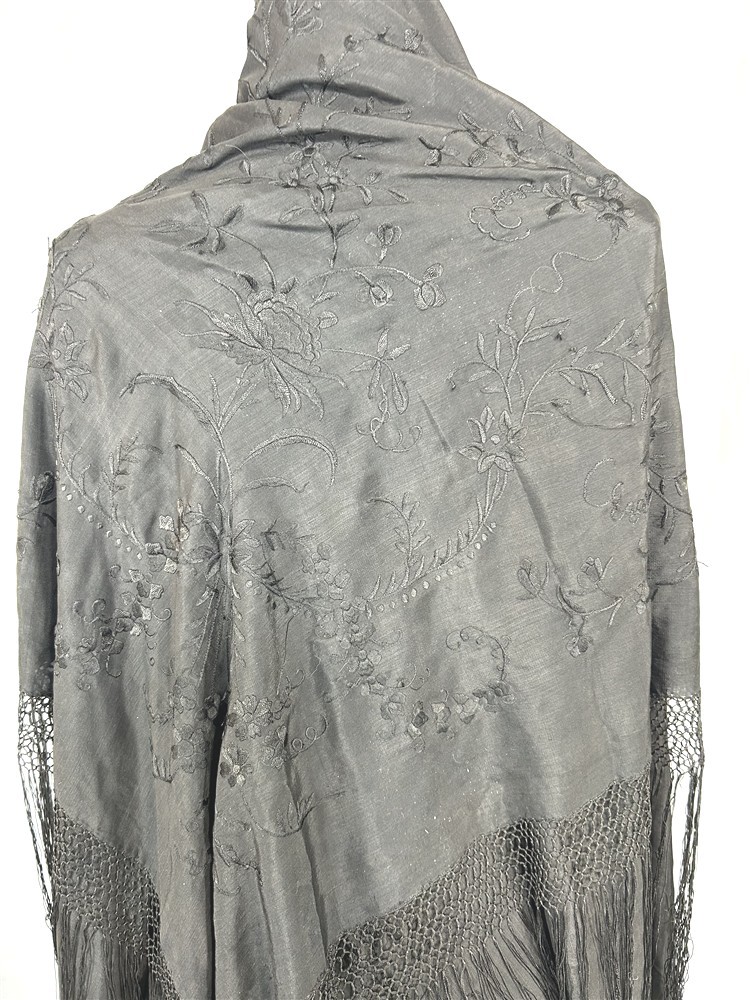 antique silk shawl embroidered black large 62 x 62 fringe 13 in. original 1800