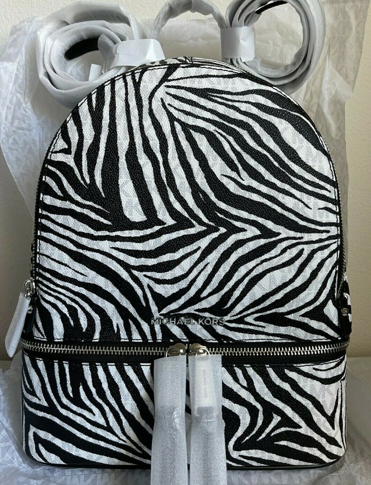 NWT Michael Kors Rhea Zip Medium Zebra Backpack $328 Black/White