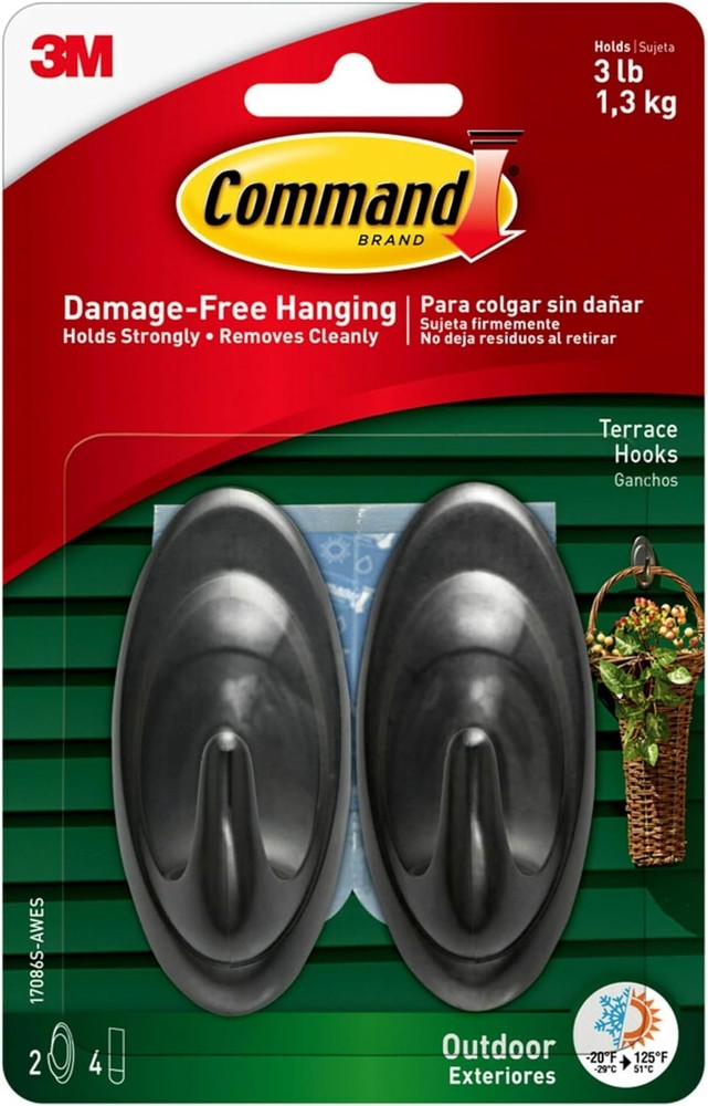 Command Outdoor Terrace Hooks, 2 Hooks and 4 Strips, Medium, Black