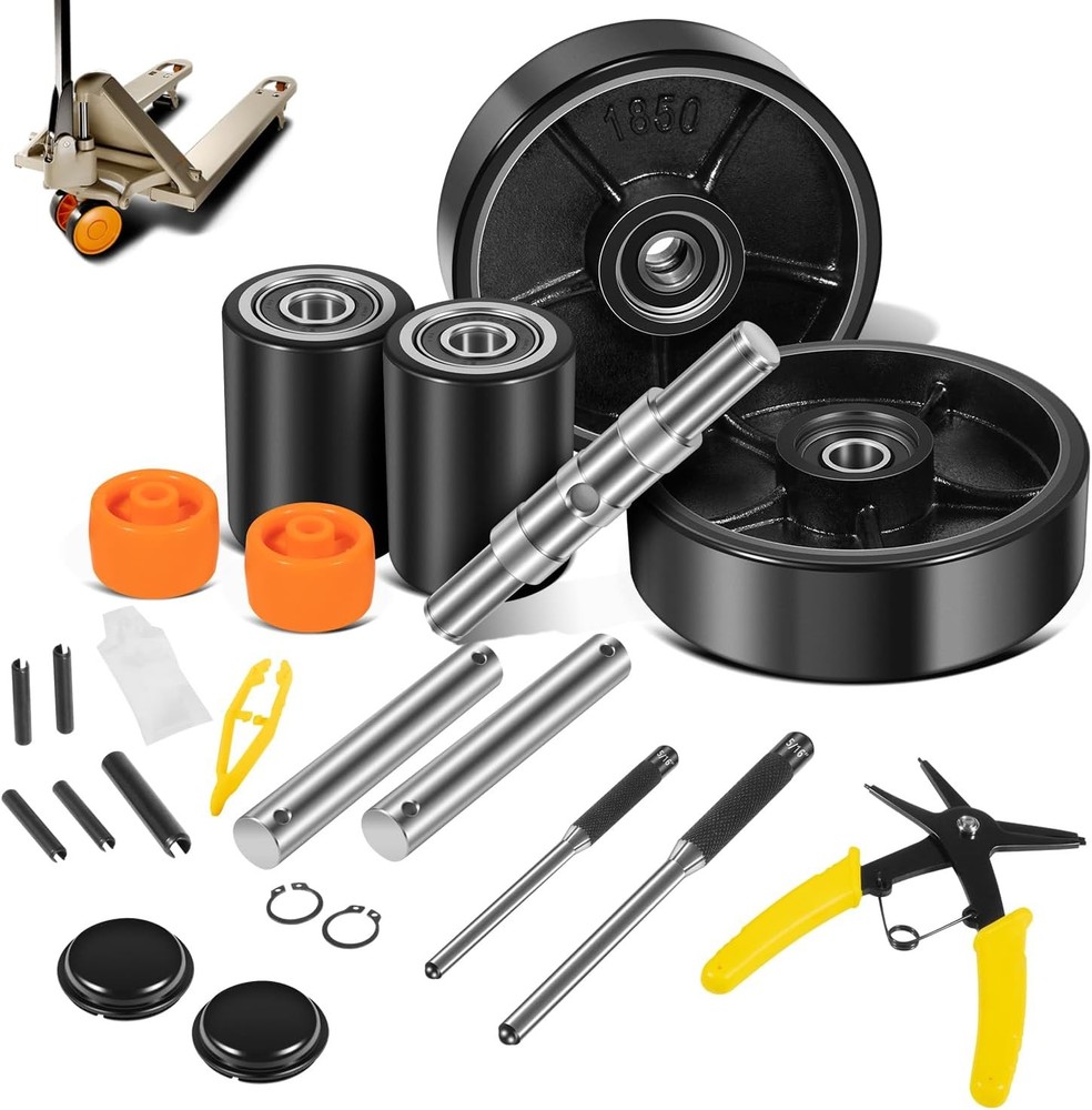 PTH50 Pallet Jack Full Wheels Replacement Set with Axles, 7"x 2" Steering Wheels