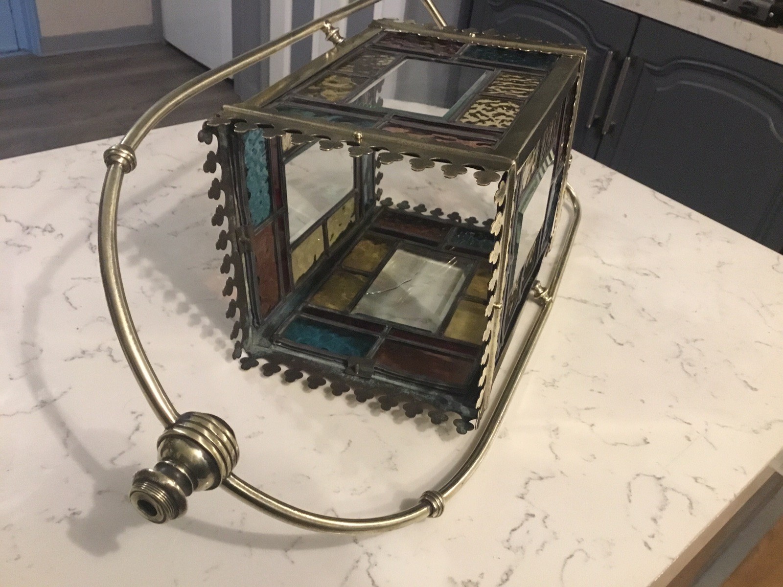 A BEAUTIFUL ANTIQUE BRASS & STAINED GLASS HALL LANTERN ,circa-1870.