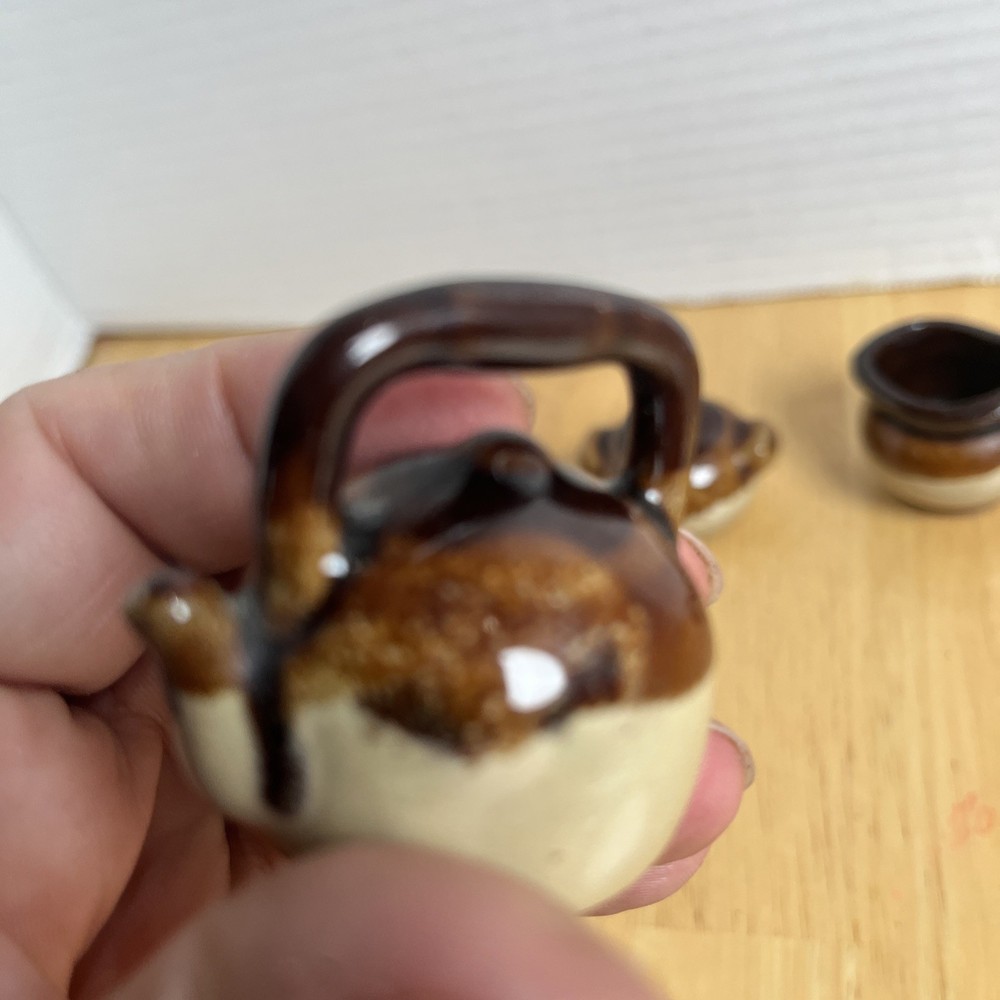 Miniature Pottery Brown & Cream Glazed Pitcher Tea Kettle Coffee Pot And Crock