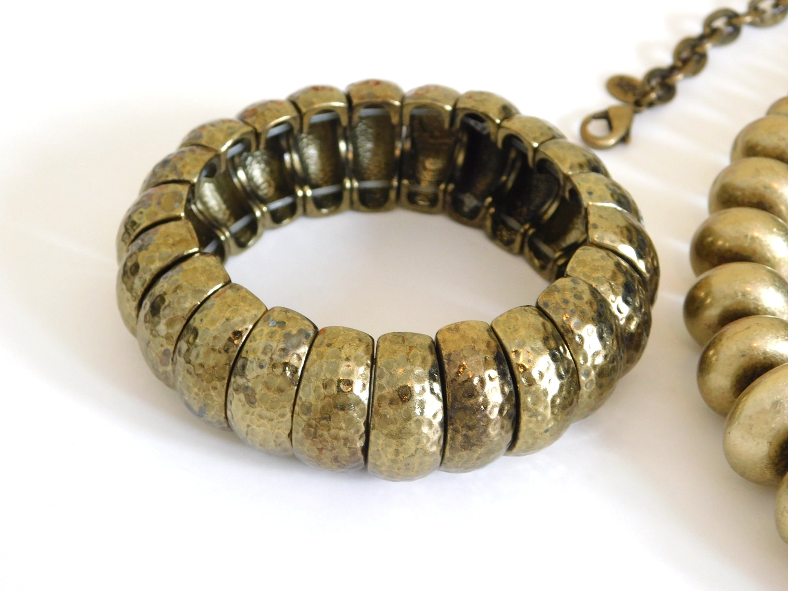 Vtg JOAN RIVERS Brass Tone Graduated Disc Bead Necklace & Stretch Bracelet Lot