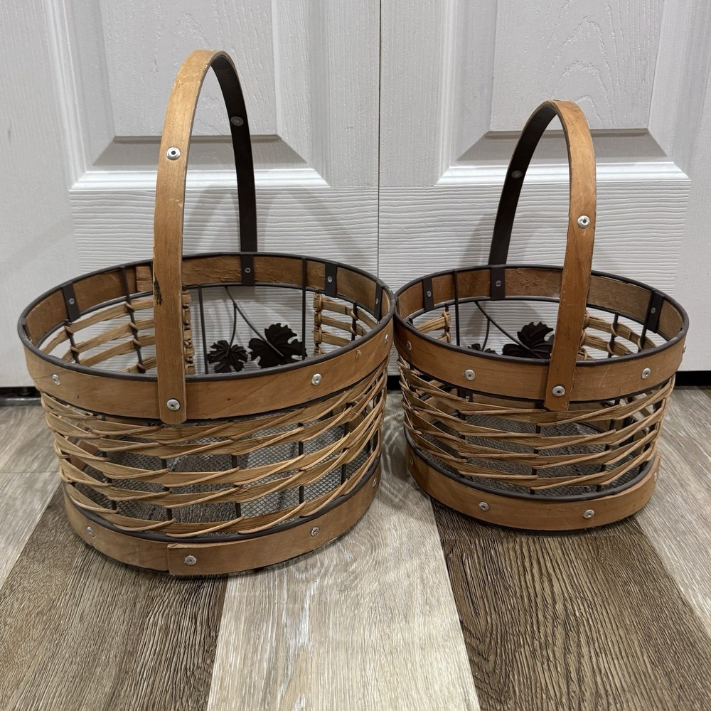 2 Wicker Wire Baskets Large & Medium Fall Autumn Leaves Moveable Handles Rivets